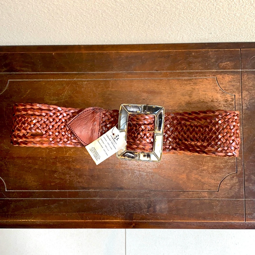 NWT Leather Belt w/ Tortoise Stone & Brass Buckle